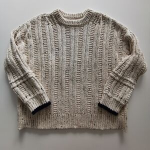 Aerie Cream And Navy Details Knit Crew Neck Sweater